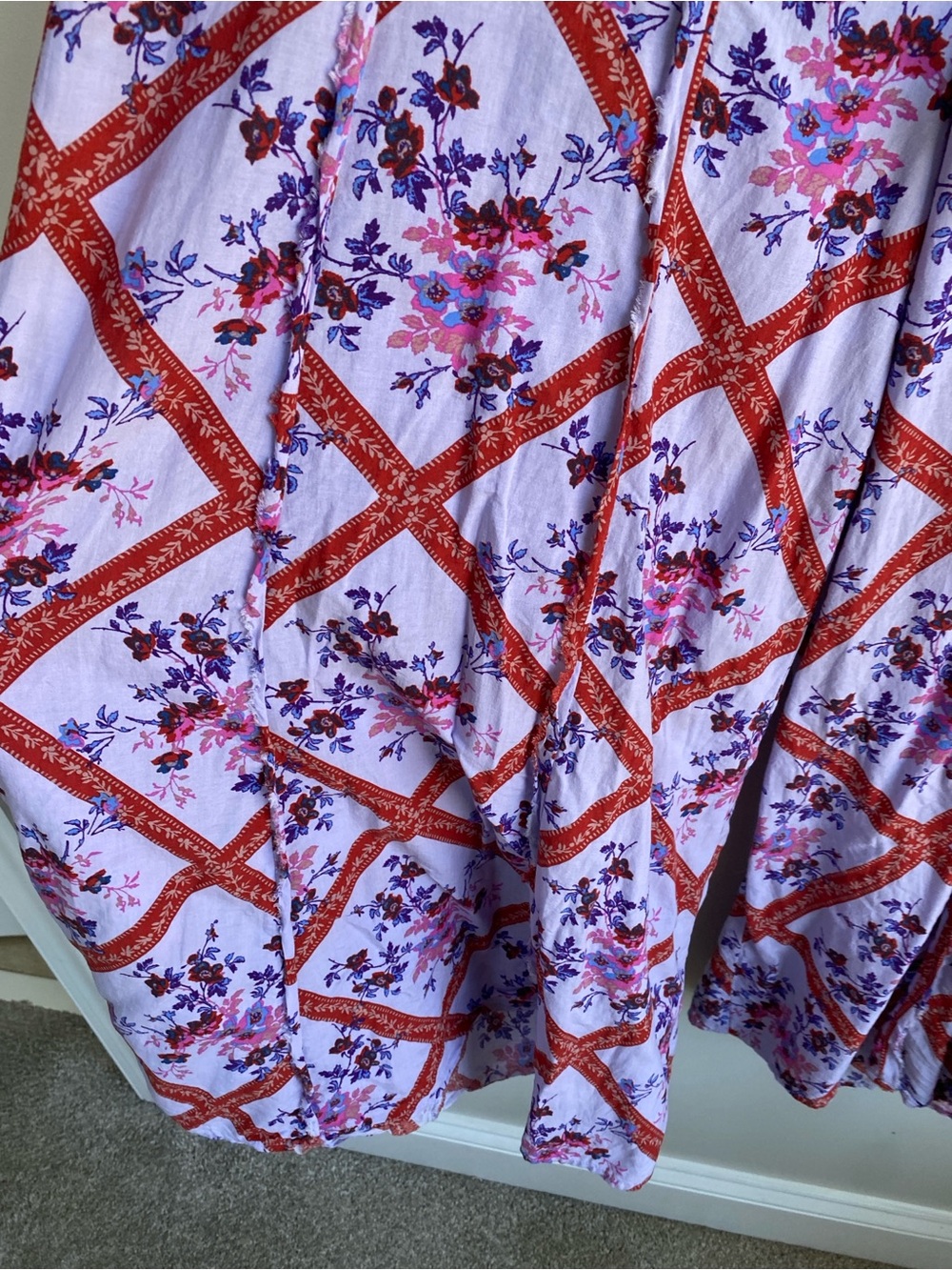 Free People Lavender Floral Wide Leg Pants with Red Lattice - Picture 7 of 9